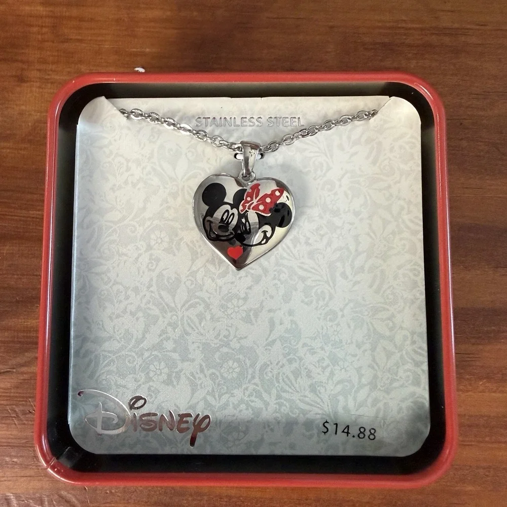 Mickey Minnie Mouse Stainless Steel Heart Necklace With Tin NIB